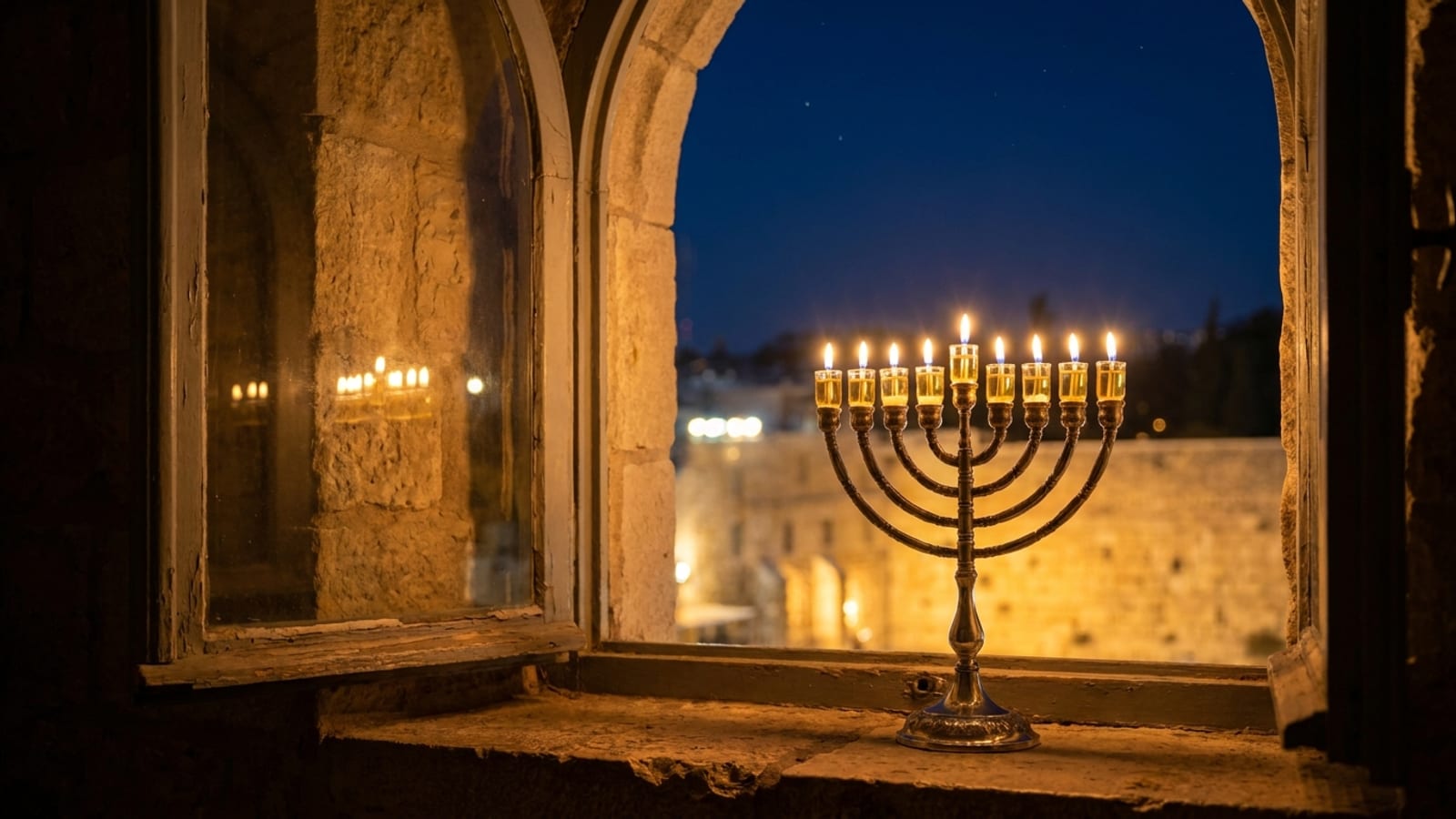 A lit Chanukah menorah glowing in a Jerusalem stone window with the Kotel beyond