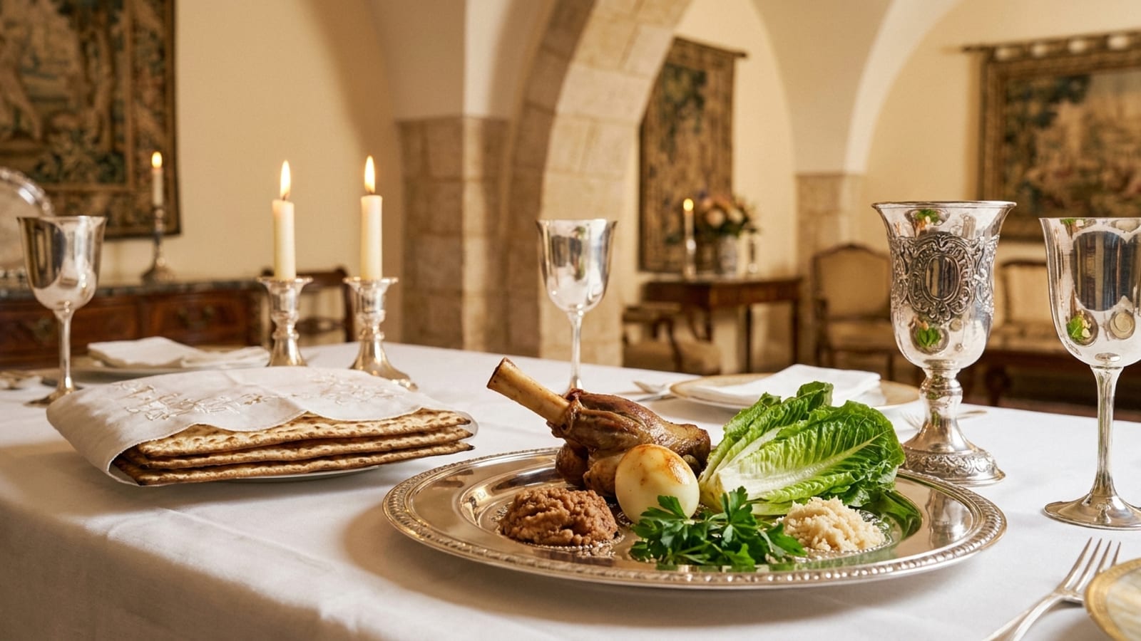 A Pesach seder table set with a silver ke'ara of the simanim and three matzos under an embroidered cover in a Jerusalem hotel