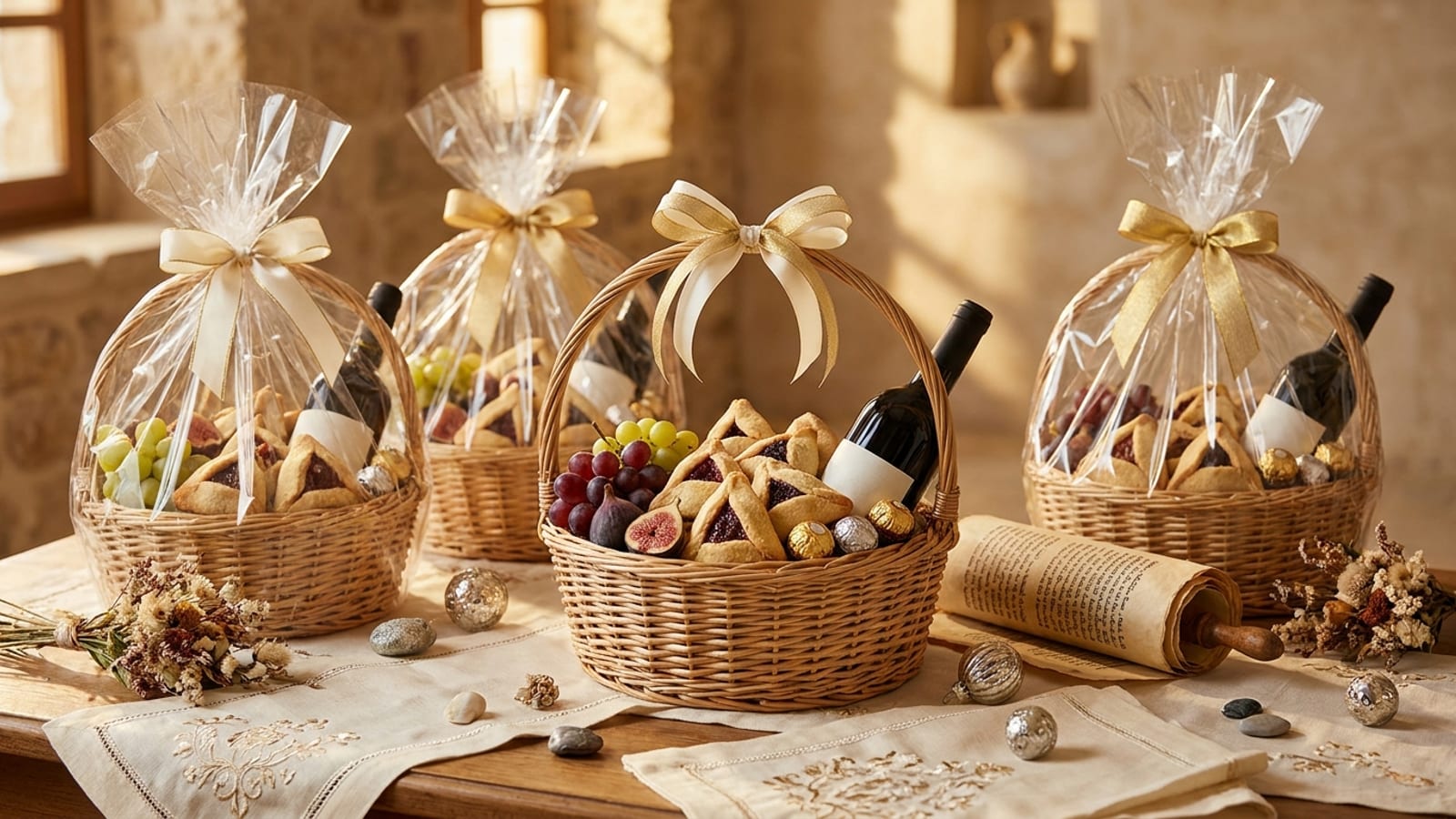 Purim mishloach manos baskets with hamantaschen, wine and a rolled Megillah scroll