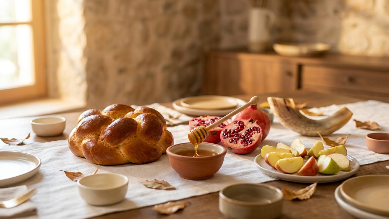 A Rosh Hashana table with a round challah, honey, a halved pomegranate, apples and a shofar