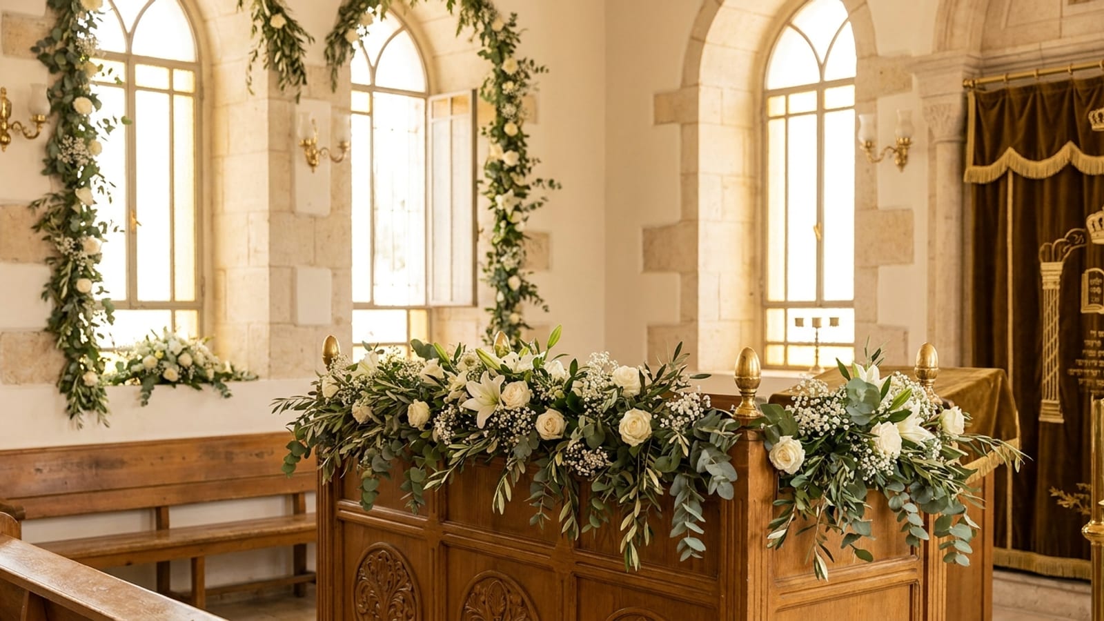 A Jerusalem shul adorned with fresh greenery and white flowers for Shavuos