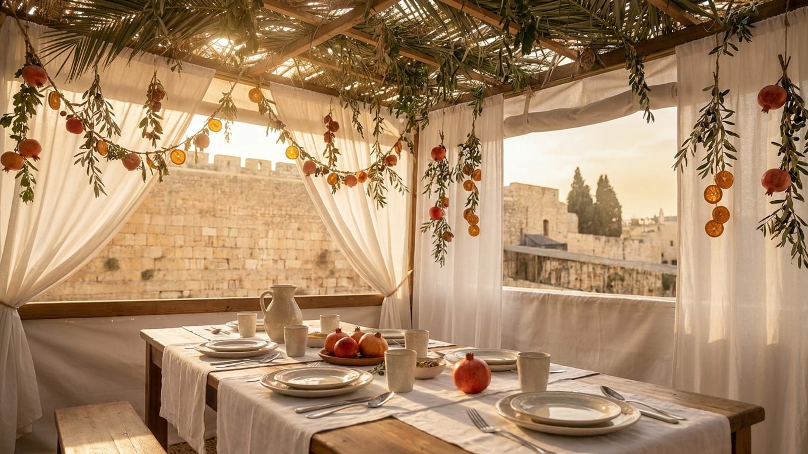 A decorated sukkah in Jerusalem with a schach roof and hanging fruit, the Western Wall beyond