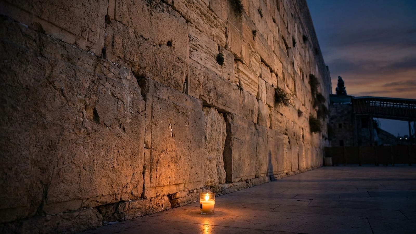 The stones of the Western Wall at dusk with a single memorial candle for Tisha B’Av