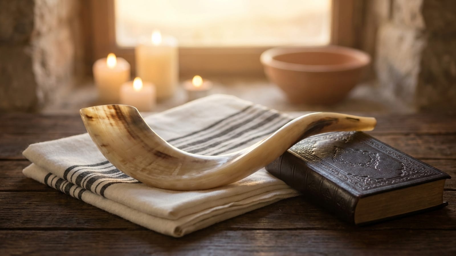 A shofar resting on a tallis beside a machzor for the Yamim Noraim in Jerusalem