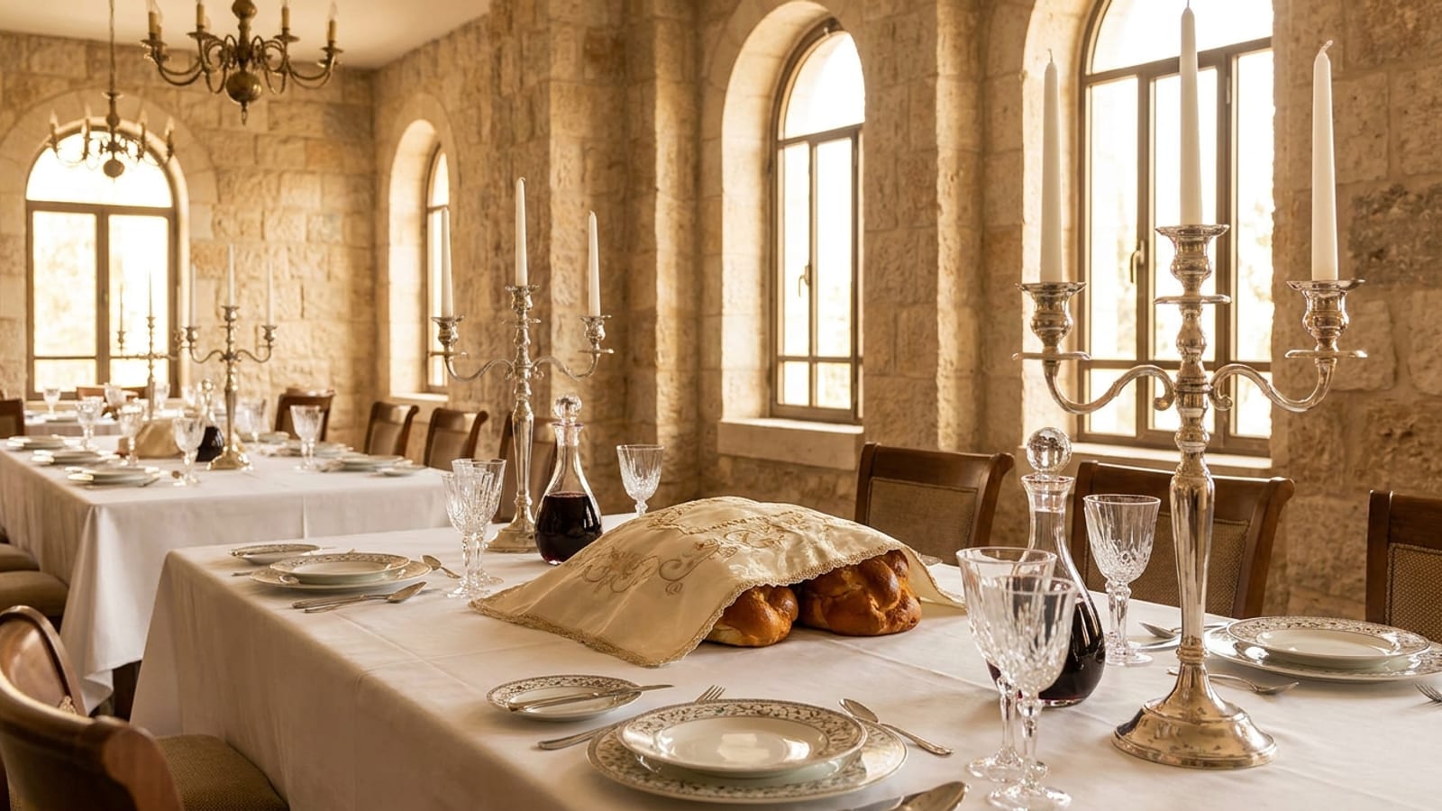 A kosher hotel dining room in Jerusalem set for Shabbos