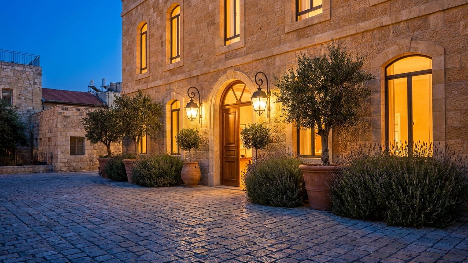 An elegant Jerusalem-stone kosher hotel glowing at blue hour