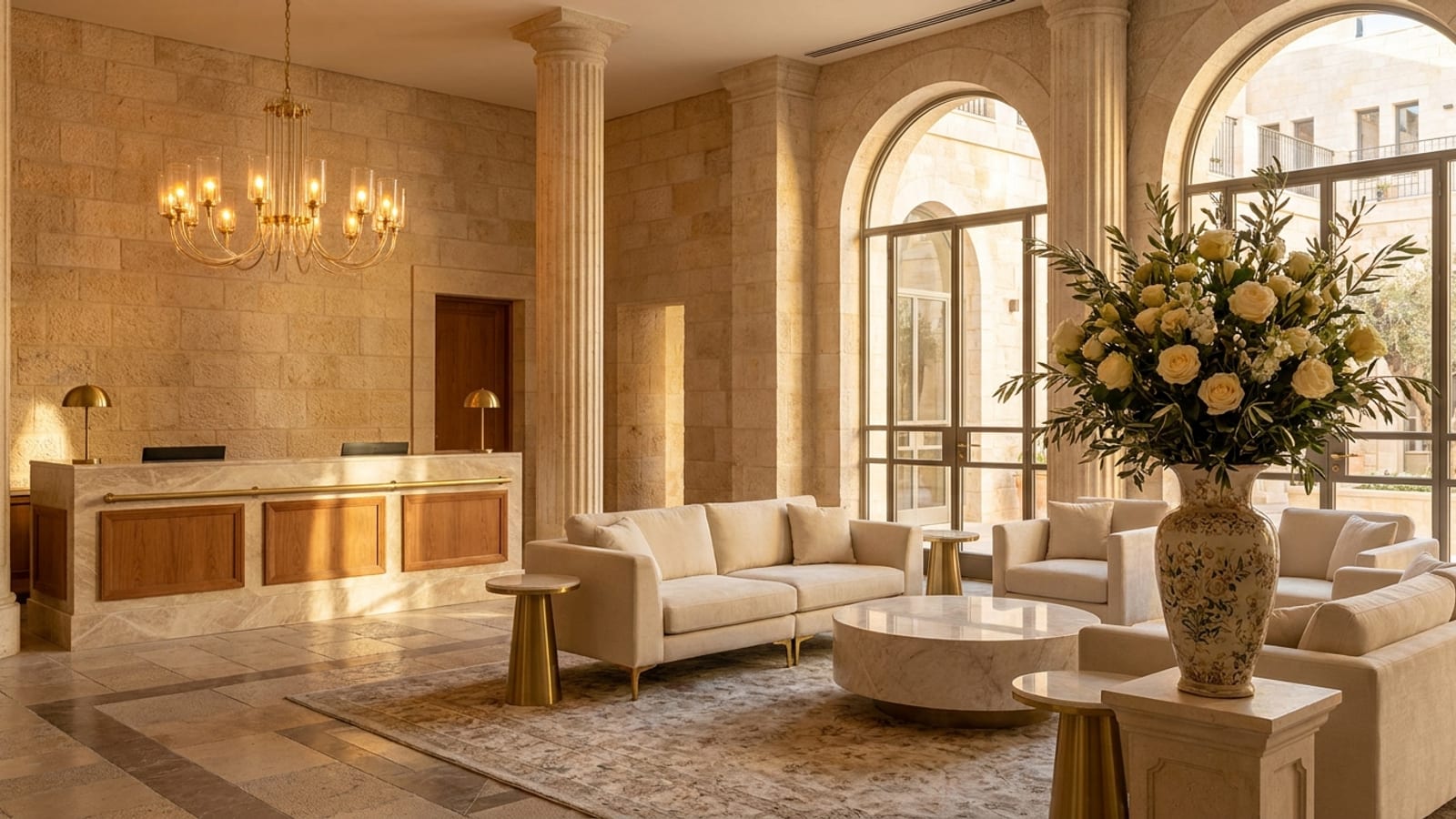The lobby of an elegant kosher hotel in Jerusalem