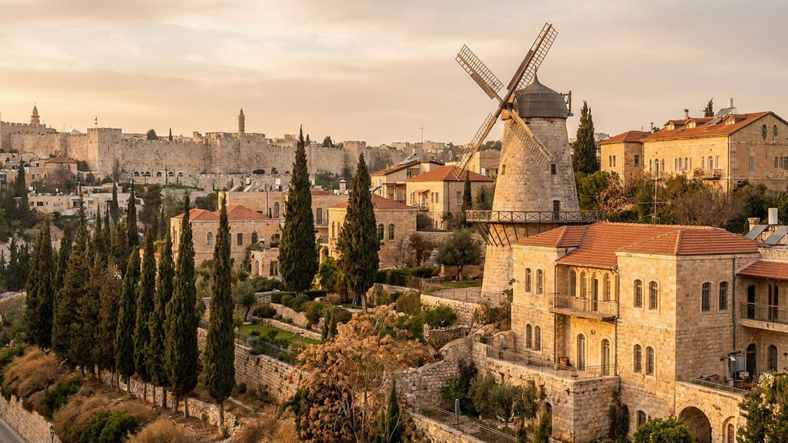 The Montefiore Windmill and Jerusalem stone skyline near King David Street