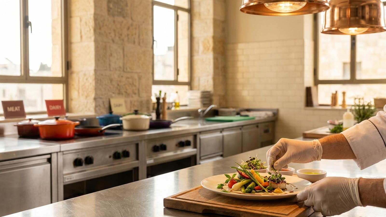 A mehadrin hotel kitchen in Jerusalem with separate, clearly labeled meat and dairy stations