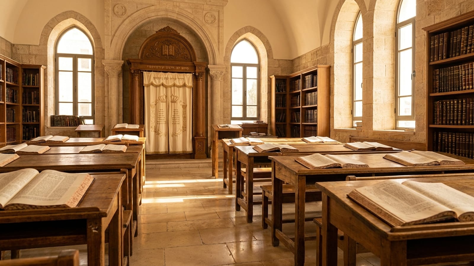 A Jerusalem beis medrash with an Aron Kodesh, rows of shtenders and open Gemaros