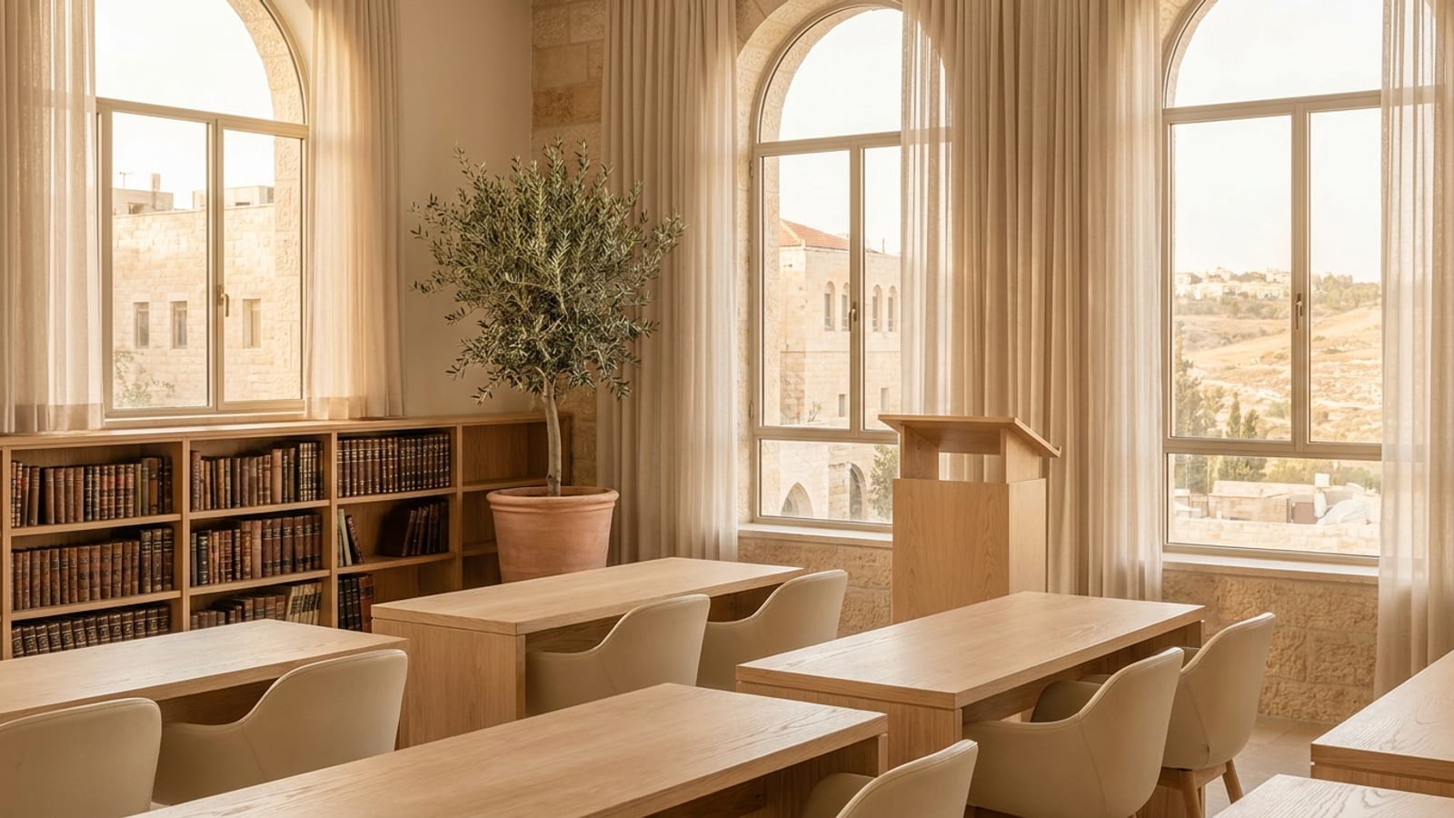 A serene Jerusalem seminary study hall overlooking the hills
