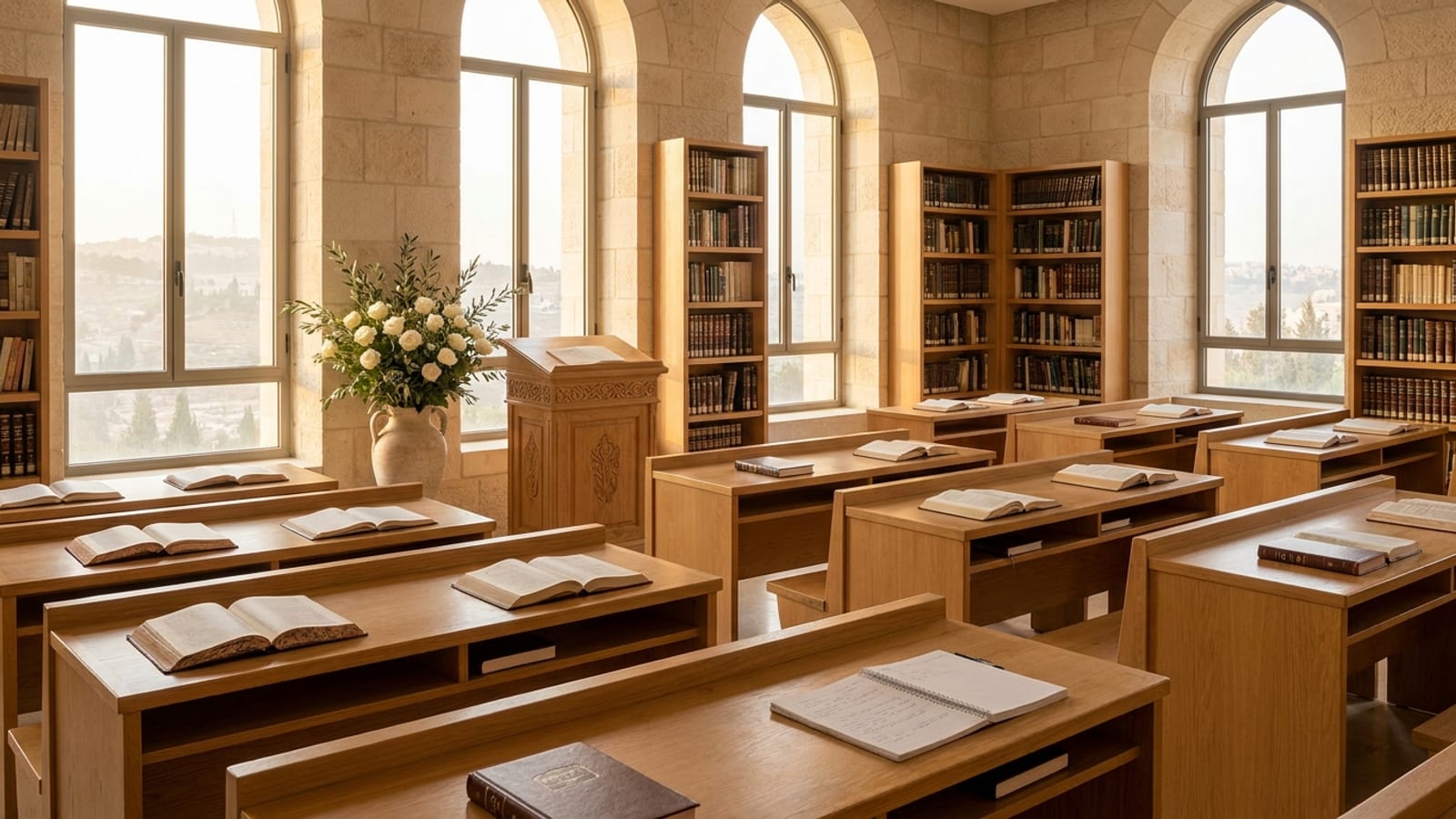 A serene Jerusalem seminary study hall overlooking the hills