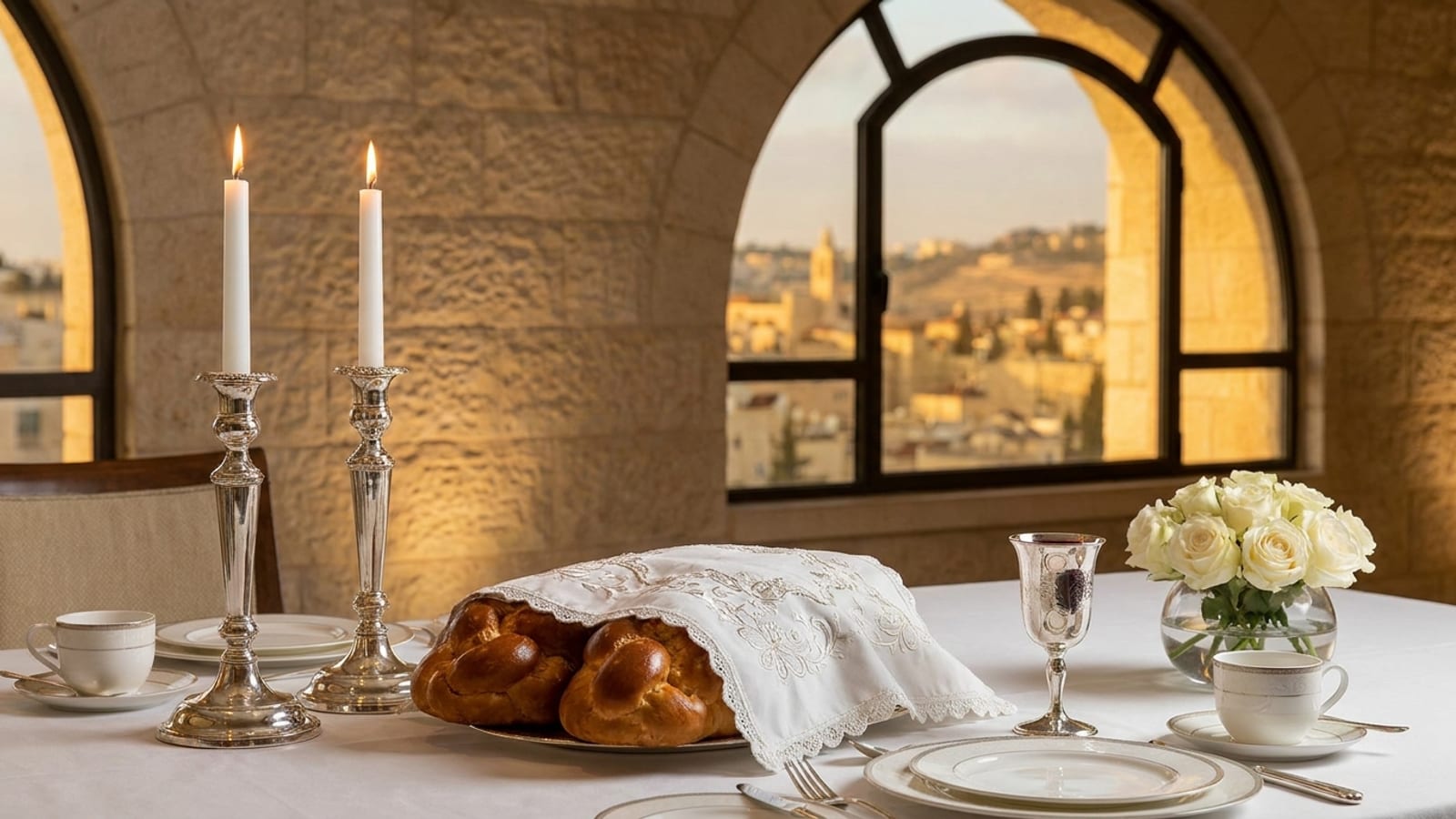 A Shabbos table in Jerusalem with lit candles and challos under an embroidered cover