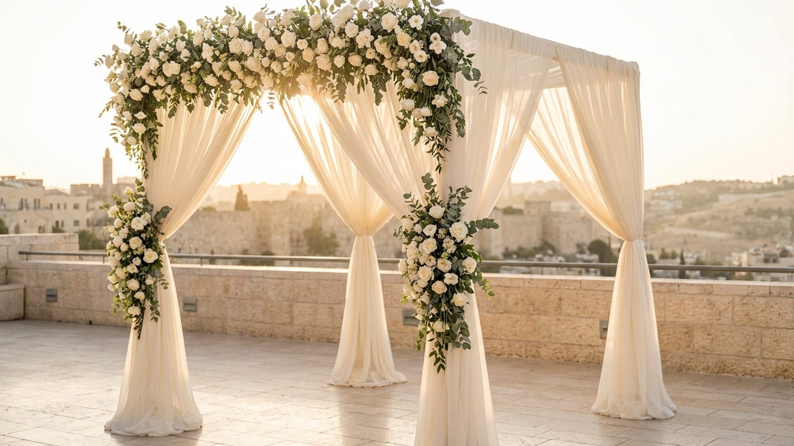 A chuppah in Jerusalem at dusk